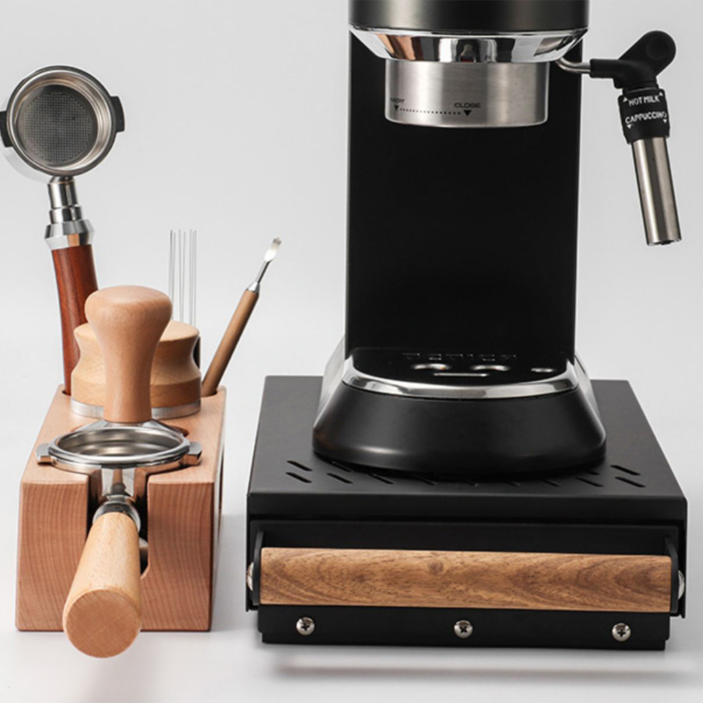 Coffee Knock Box - กล่องเคาะผงกาแฟแบบลิ้นชักหนาพร้อมที่จับไม้เนื้อแข็ง ความจุแบริ่งที่แข็งแกร่ง เครื่องชงกาแฟถังบริเวณ